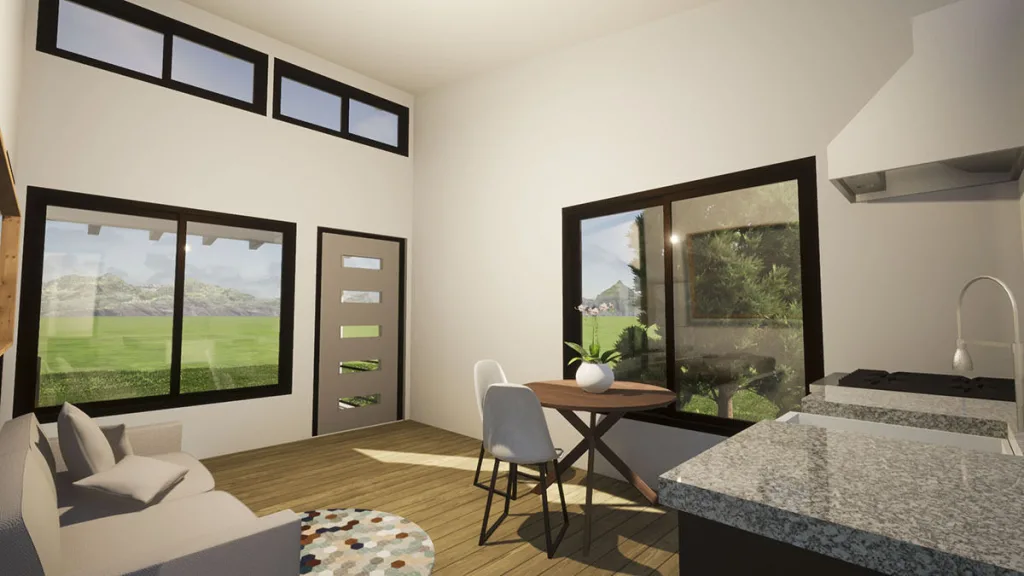 THE BEST ADU PLANS UNDER 500 SQ FT: TINY LIVING, BIG STYLE 47 AD 499 ADU with office living and kitchen