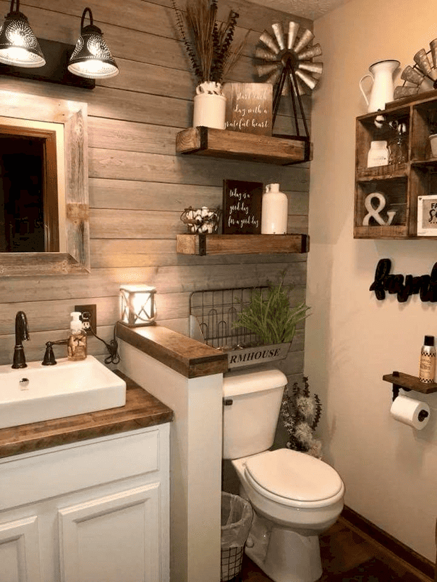 29 SMALL RUSTIC BATHROOM IDEAS ON A BUDGET YOU WILL LOVE 38 Chunky wood shelves and wood accents lovelyfarmhouse