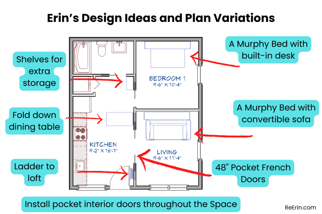 THE BEST ADU PLANS UNDER 500 SQ FT: TINY LIVING, BIG STYLE 56 Erin’s Design Ideas and Plan Variations first floor