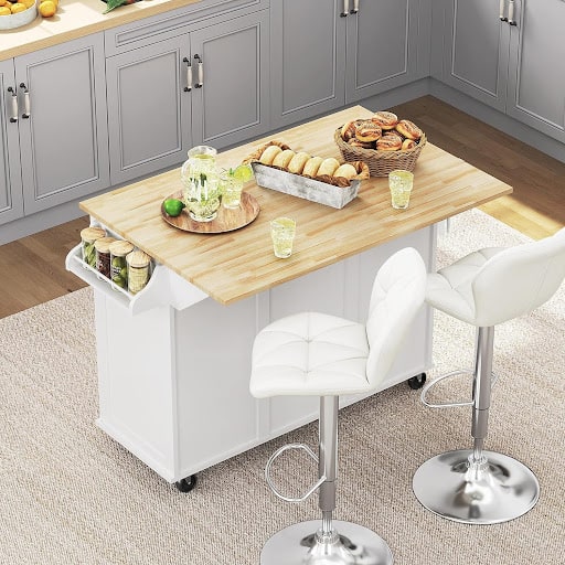 27 PRACTICAL STUDIO APARTMENT ROOM DIVIDER IDEAS TO CREATE MULTIPLE ROOMS 38 Kitchen Island with Drop-Leaf Breakfast Bar, 53" Width Kitchen Cart on 5 Universal Wheels with Rubberwood Top, Storage Cabinet, 3 Drawers, and Spice Rack for Dinning Room, White