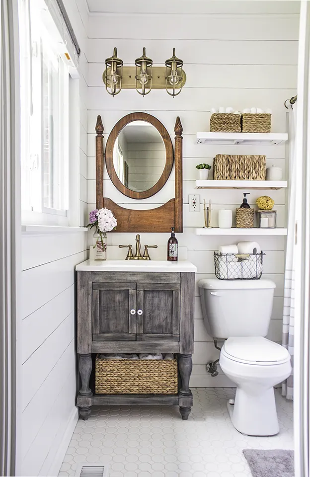 29 SMALL RUSTIC BATHROOM IDEAS ON A BUDGET YOU WILL LOVE 42 Rustic vanity with reclaimed mirror and ship lap madeterra