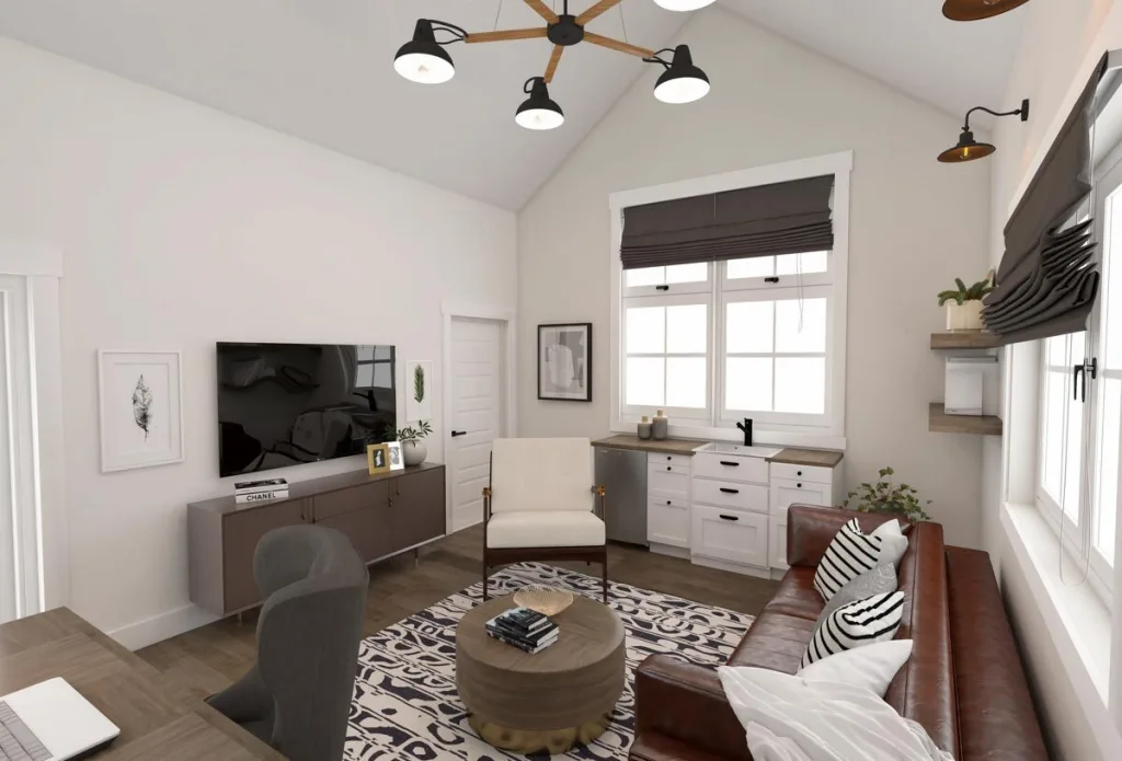 THE BEST ADU PLANS UNDER 500 SQ FT: TINY LIVING, BIG STYLE 26 ad backyard cottage office living and kitchen