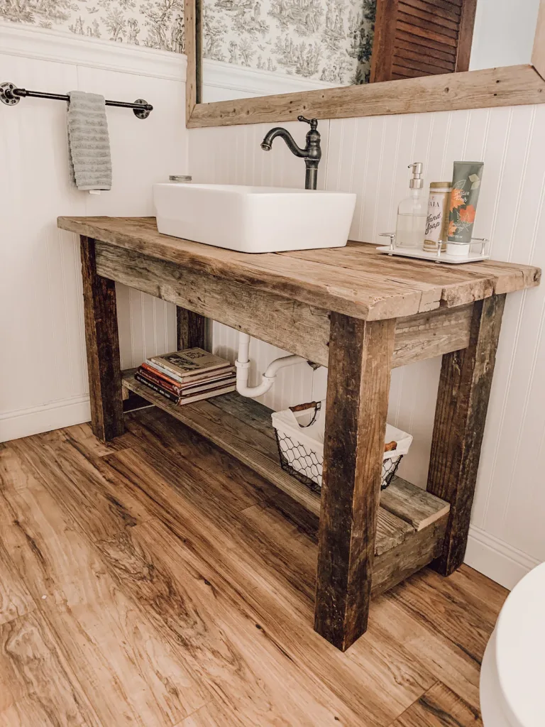 29 SMALL RUSTIC BATHROOM IDEAS ON A BUDGET YOU WILL LOVE 37 chunky reclaimed wood vanity whitney baldwin