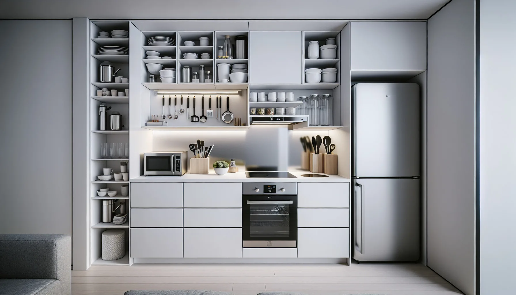 AN EFFICIENCY KITCHEN: DESIGN TIPS & IDEAS TO MAXIMIZE SPACE 1 Efficiency kitchen with white cabinets and designated space