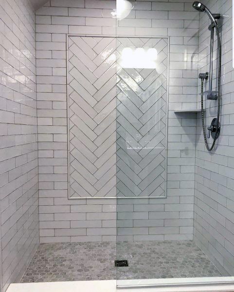 21 STUNNING SHOWER TILE IDEAS FOR SMALL BATHROOMS 8 small shower with white subway tiles laid in a herringbone pattern, featuring a herringbone tile floor and modern fixtures.