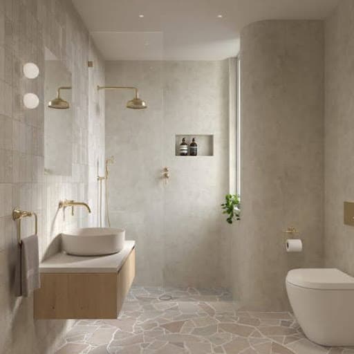 19 SMALL BATHROOM FLOOR TILE IDEAS: ADDING PERSONALITY TO A TINY HOUSE 18 This minimalistic bathroom space features a delicate white pattern on the Stone-Look Porcelain Tiles, bringing an open, airy feel to the petite area.