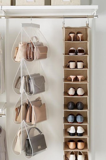22 AWESOME SMALL WALK-IN CLOSET IDEAS FOR TINY HOMES & ADUS 19 Hanging handbags and a vertical shoe storage solution in a small closet space, maximizing organization.