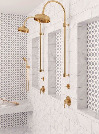 21 SMALL BATHROOM SHOWER IDEAS PERFECT FOR TINY HOUSES & ADUS 15 Luxuriously Mosaic Accent Wall appointed small bathroom shower niche with marble tiling and a variety of showerheads, exuding sophistication in a compact form.
