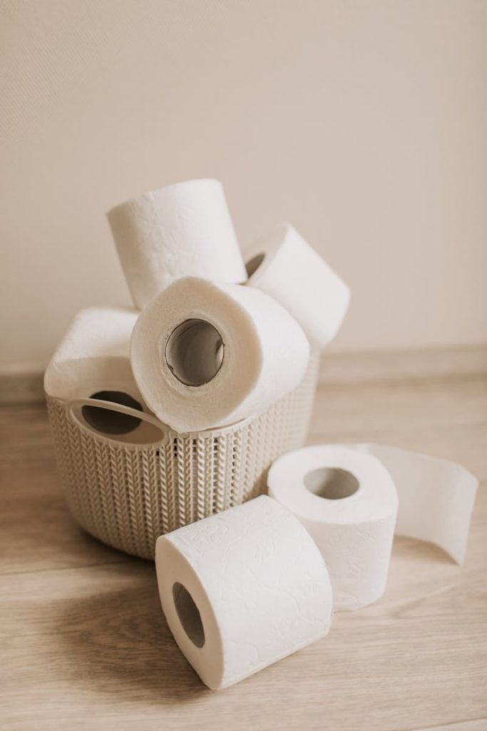 ELEVATE YOUR CLEAN: THE BIDET UPGRADE FOR A HAPPIER BUM 6 White toilet paper rolls placed inside plastic basket and near it on light wooden floor near wall as everyday need for hygiene and sanitary purposes